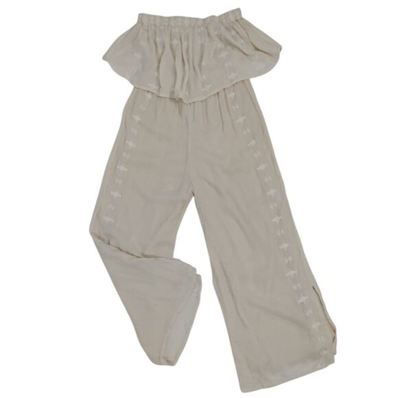 Women's beige offthe-shoulder ruffle jumpsuit with embroidered detail, wide leg - Picture 5 of 7